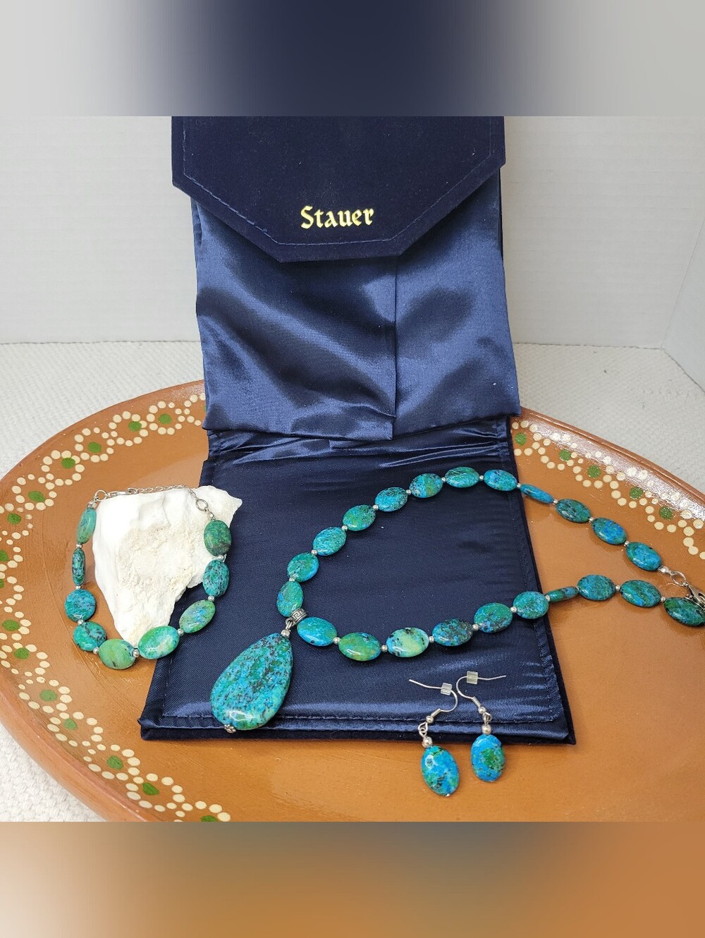 Stauer Sterling Silver Turquoise Green Chrysocolla Necklace Bracelet Earring Set